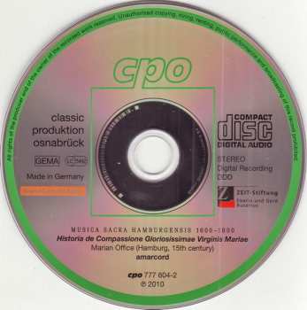 CD Amarcord: Historia de Compassione Mariae: Musica Sacra Hamburgensis 1600-1800: Marian Office, 15th Century