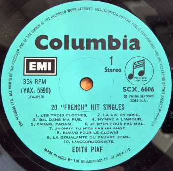 LP Edith Piaf: 20 'French' Hit Singles