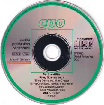 CD Ferdinand Ries: String Quartets Vol. 4