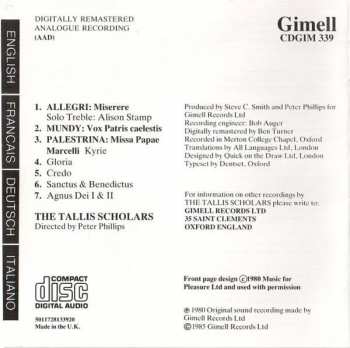 CD Gregorio Allegri: Miserere / Missa Papae Marcelli / Vox Patri Caelestis