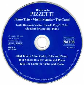 CD Ildebrando Pizzetti: Piano Trio ● Violin Trio ● Tre Canti