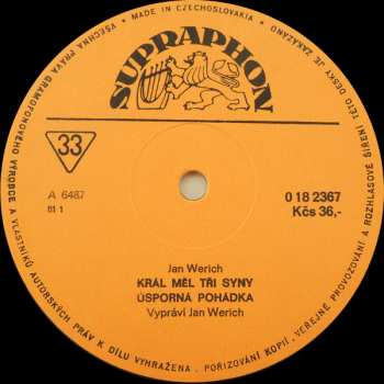 LP Jan Werich: Král Měl Tři Syny / Úsporná Pohádka / Lakomá Barka
