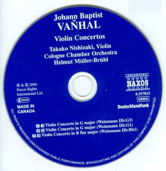 CD Johann Baptist Vanhal: Three Violin Concertos