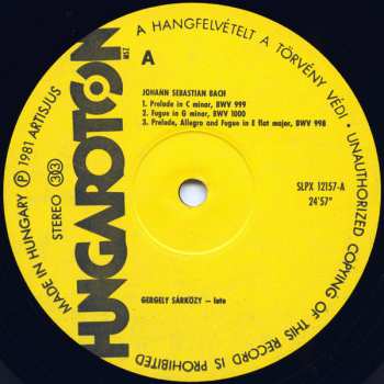 LP Johann Sebastian Bach: Lute Music (BWV 999, BWV 1000, BWV 998, BWV 995)