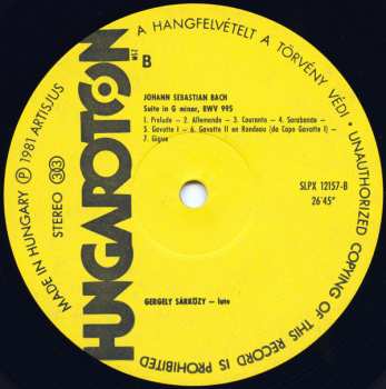 LP Johann Sebastian Bach: Lute Music (BWV 999, BWV 1000, BWV 998, BWV 995)