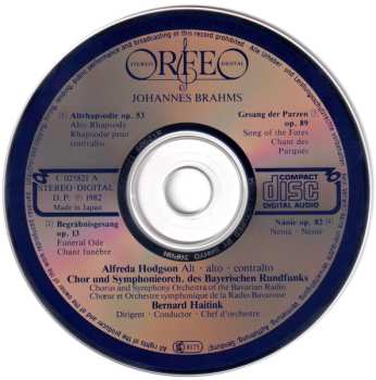 CD Johannes Brahms: Altrhapsodie - Naenie - Gesang Der Parzen - Begräbnisgesang