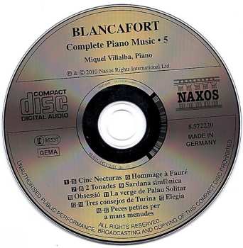 CD Manuel Blancafort: Piano Music (Cinc Nocturns · Hommage À Fauré · Peces Petites · La Verge De Palau Solitar · Tres Consejos De Turina · Elegia)