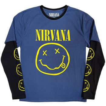 Mercancía Nirvana: Nirvana Unisex Layered Long Sleeve T-shirt: Yellow Happy Face (denim Blue & Black) (sleeve Print) (small) S