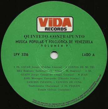 LP Quinteto Contrapunto: Música Popular Y Folclórica De Venezuela Volumen 5