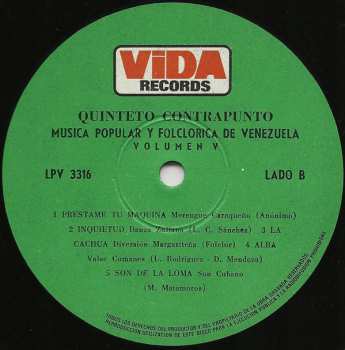 LP Quinteto Contrapunto: Música Popular Y Folclórica De Venezuela Volumen 5