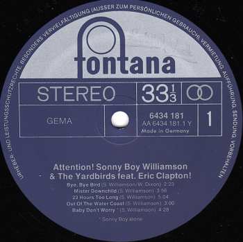 LP The Yardbirds: Attention! Sonny Boy Williamson And The Yardbirds Featuring Eric Clapton!