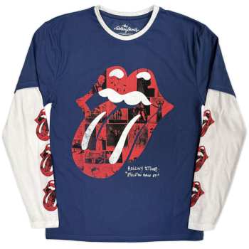 Mercancía The Rolling Stones: The Rolling Stones Unisex Layered Long Sleeve T-shirt: Collage Tongue (denim Blue & White) (sleeve Print) (small) S