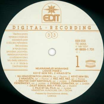 LP Various: The Most Beautiful Folk Songs Of Moravia 2 (Okolo Hradišťa)