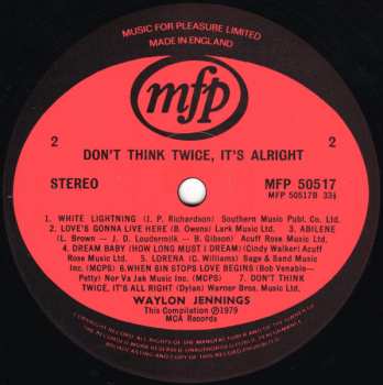 LP Waylon Jennings: Don't Think Twice It's Alright: The Early Years